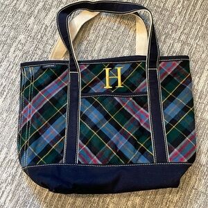 Lands End plaid tote personalized with H